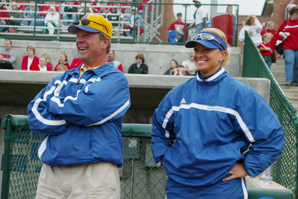 Hofstra head coach Bill Edwards, left, and then-Hofstra pitching coach Larissa Anderson